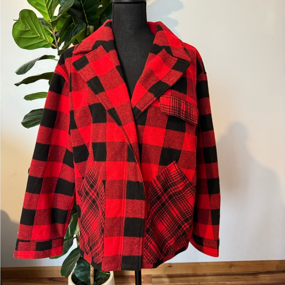 Woolrich Red and Black Buffalo Plaid Pea Coat